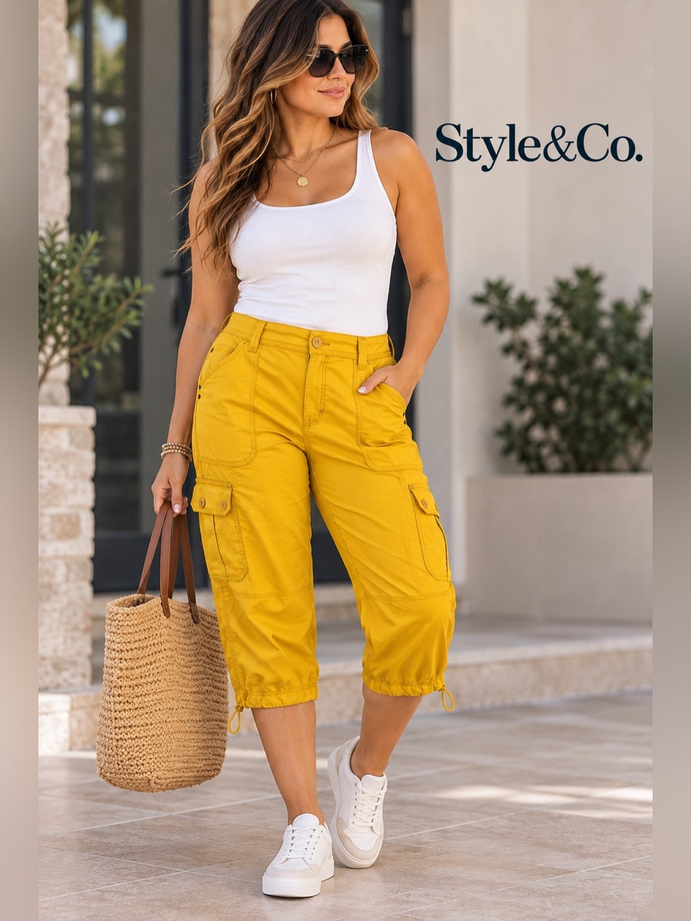 Style & Co Women's Cotton Cargo Capri Pants Cornmeal Yellow Size 18